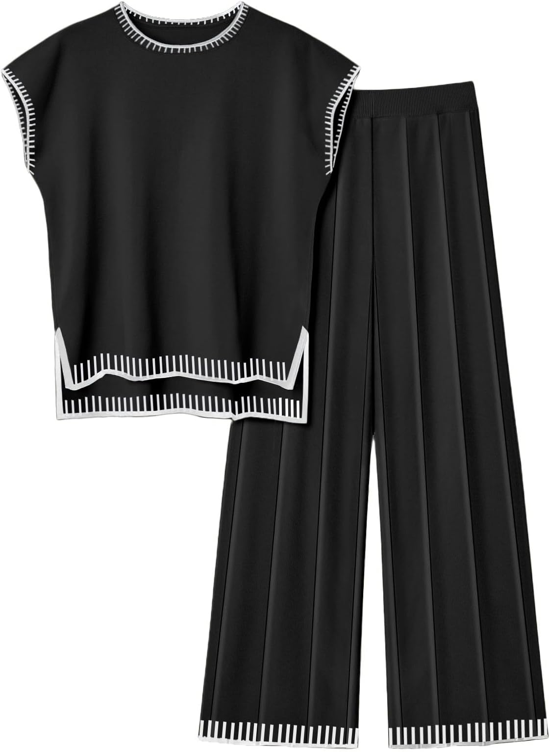 Womens Matching Sets Knit Sweater Sets 2 Pieces Outfits Pullover Tops Wide Legs Pants Lounge Set