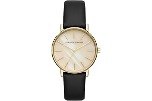 Armani Exchange Women's Gold-Tone Stainless Steel and Black Leather Watch