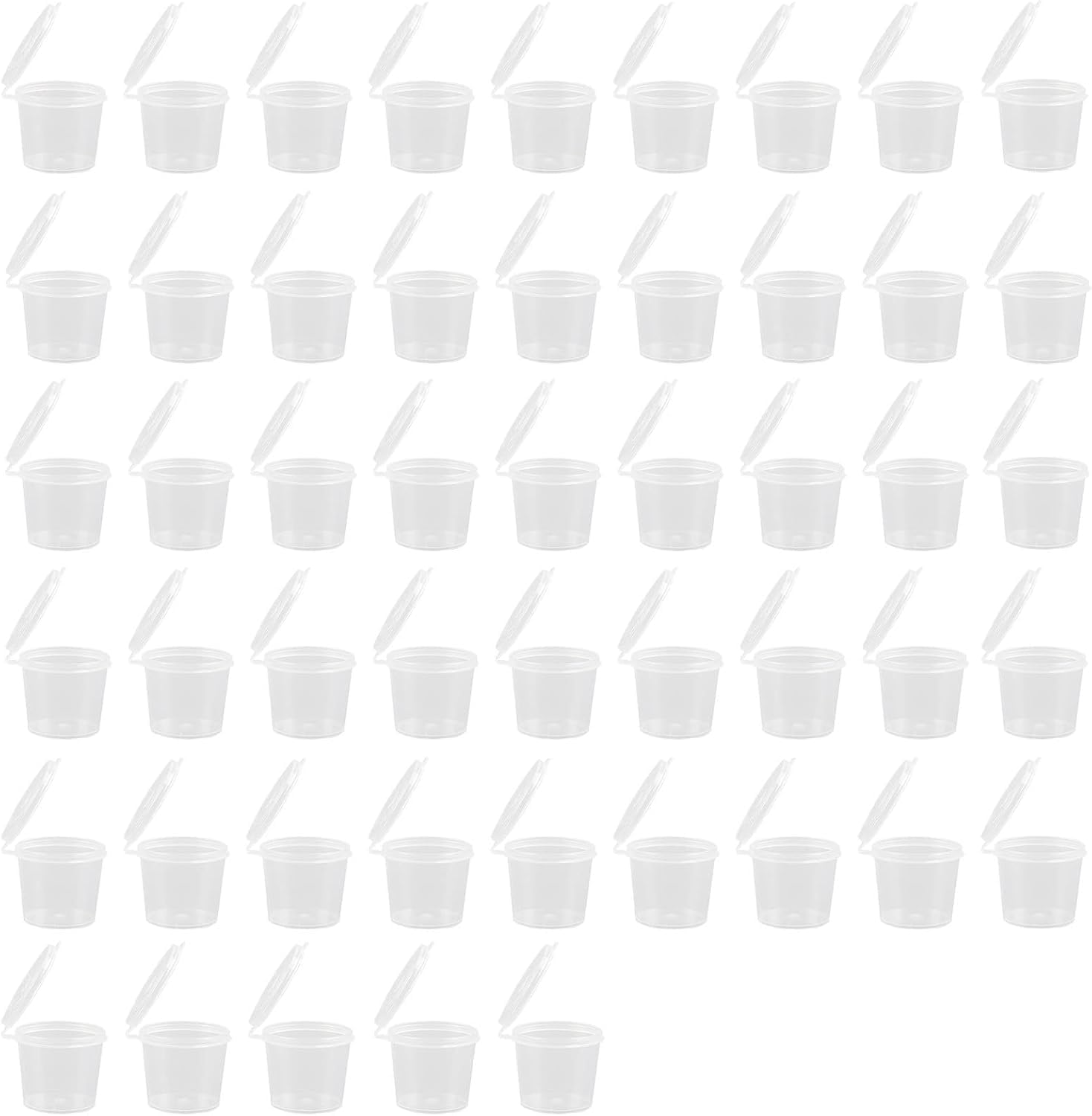 Snackmate 100 Pack 1oz Sauce Pots With Lids, Round Plastic Containers with Lids, Reusable Jelly Shot Cups, Hinged Sauce Cups, Leakproof, Small Plastic Pots for Takeaway Food, Pots for Dips 30ml