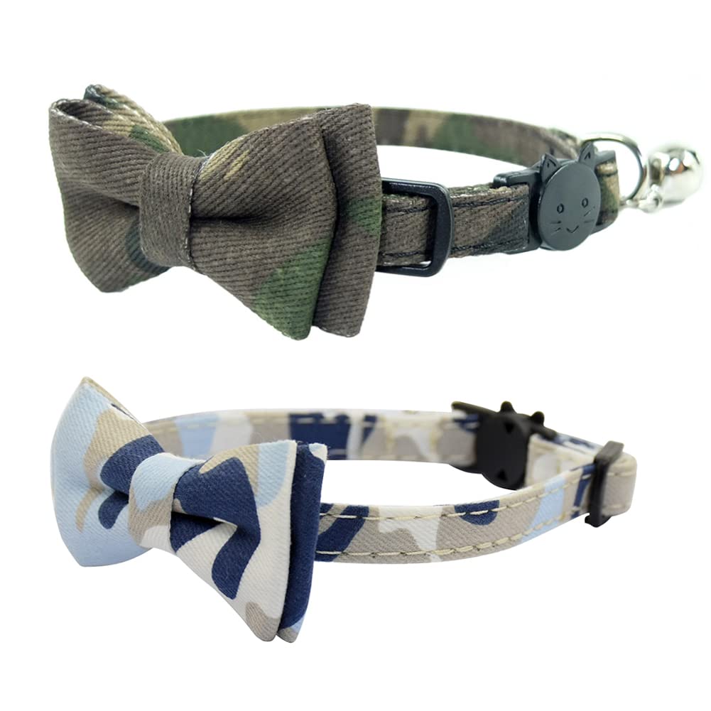 Cat Collar Breakaway with Bell and Bow Tie, Plaid Design Adjustable Safety Kitty Kitten Collars(6.8-10.8in) (Camouflage 2&3)