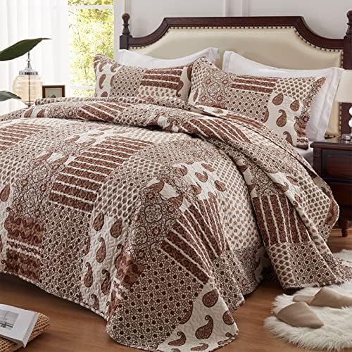 LEAONME Quilt Set Full/Queen Size 3 Piece Bedspread Coverlet Lightweight Comforter Microfiber Bedding Set for All Season Oversized 90x98 Inch Bed Cover Paisley Patchwork Brown(1 Quilt,2 Pillow Shams)