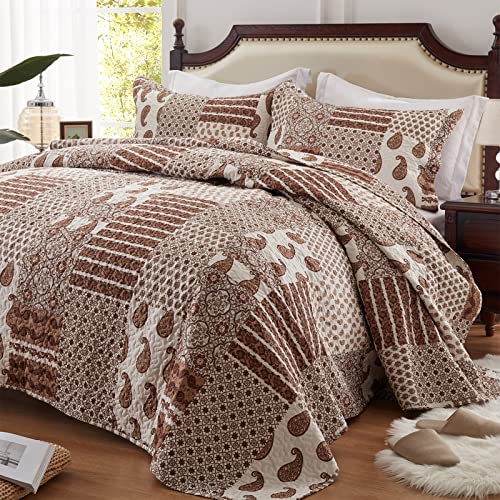 Leaonme Quilt Set Full/Queen Size 3 Piece Bedspread Coverlet Lightweight Comforter Microfiber Bedding Set For All Season Oversized 90X98 Inch Bed Cover Paisley Patchwork Brown(1 Quilt,2 Pillow Shams) #TOP27