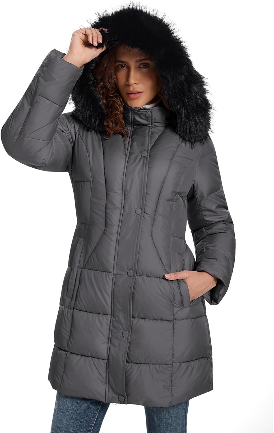 HOTIAN Women's Winter Puffer Down Coat Long Thickened Padded Parka Warm Jacket with Faux Fur Detachable Hooded - Image 6