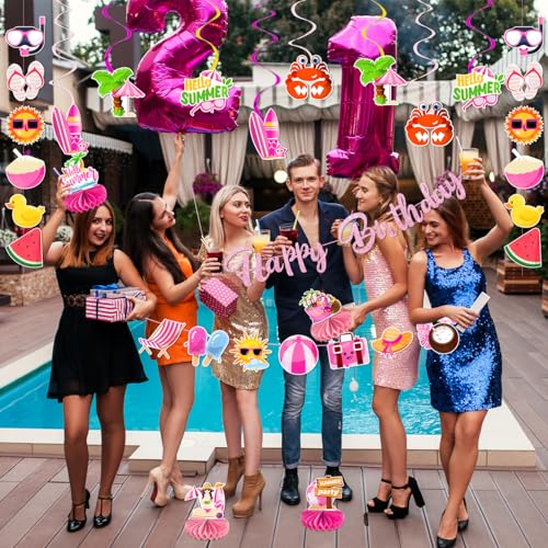 Image of Summer Pool Birthday Party Decorations Beach Theme Happy Birthday Banner Pool Beach Hanging Swirls Hello Summer Party Decorations Honeycomb Centerpiece for Hawaiian Luau Birthday Party Supplies