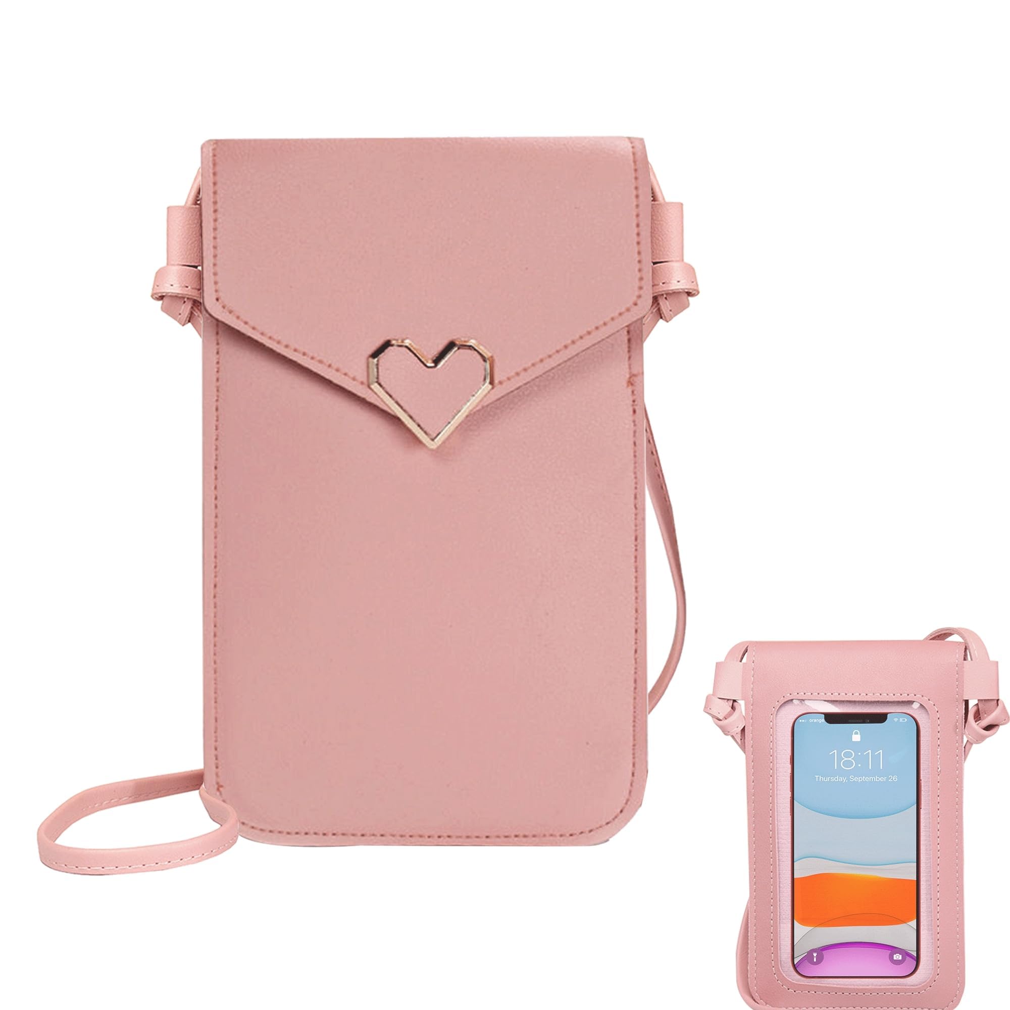Phone Bag, Pu Leather Phone Bags For Women, Crossbody Clear Pink Phone Pouch Wallet Bags, Mobile Phone Purse 2 Layer Card Slots With Small Shoulder Bag Handbag For Cellphone, Key, Card