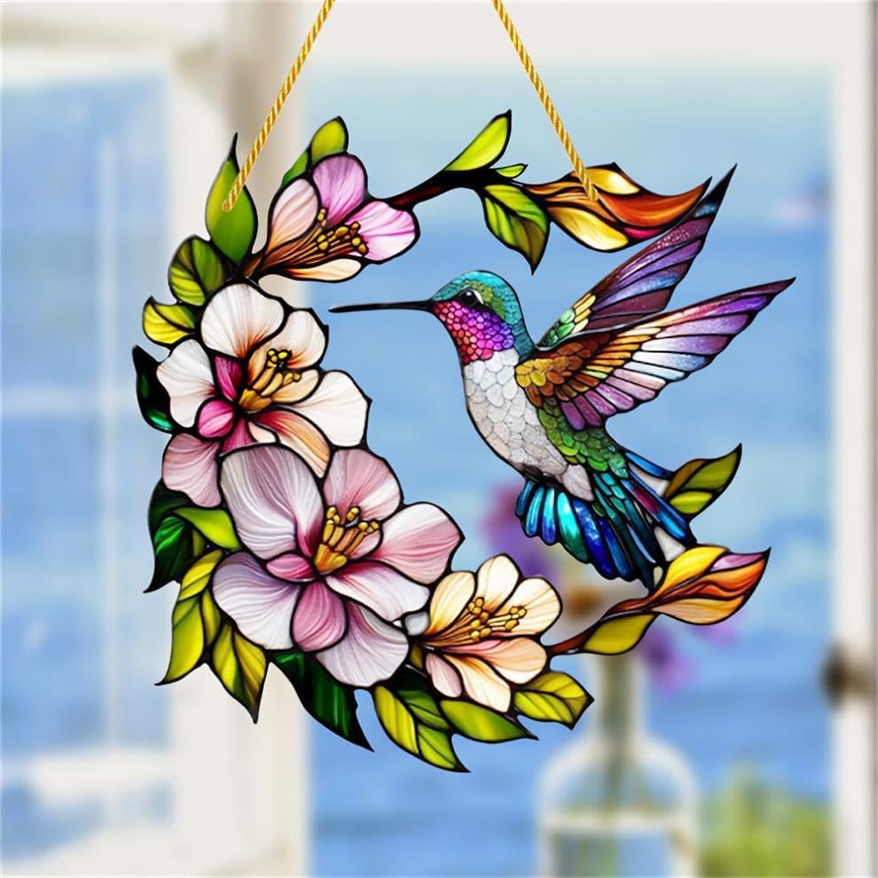 Flowers Hummingbird Stained Window Hanging Ornament, Garden Stained Acrylic Double-Sided Printed Window Panel, Great Gift for Mom Grandma and Birds Lover for Birthday Mother's Day or Housewarming