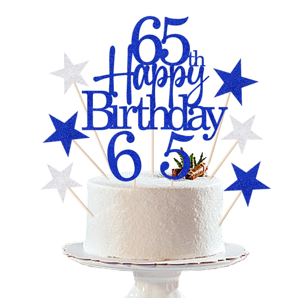 Happy 65th Birthday Cake Topper - 9PC Glitter 65th Birthday Cake Decor?Hello 65, Cheers to 65 Years 65 Anniversary/Birthday?65 & Fabulous Cake Decor (65th, blue)