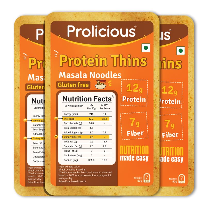 Image of Prolicious High Protein & High Fiber Masala Noodles Chips | Gluten Free | No Maida | Healthy Snack | Easy to Carry | 50g each, Pack of 3
