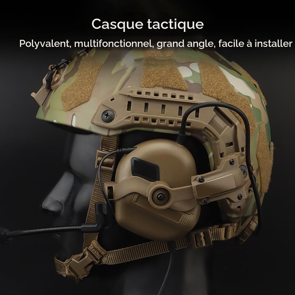 Casque Tactique avec Amplification du Son Et avec Microphone,Protection Auditive pour Chasse Airsoft Paintball Et Activités Militaires Adaptateur De Rail Inclus
