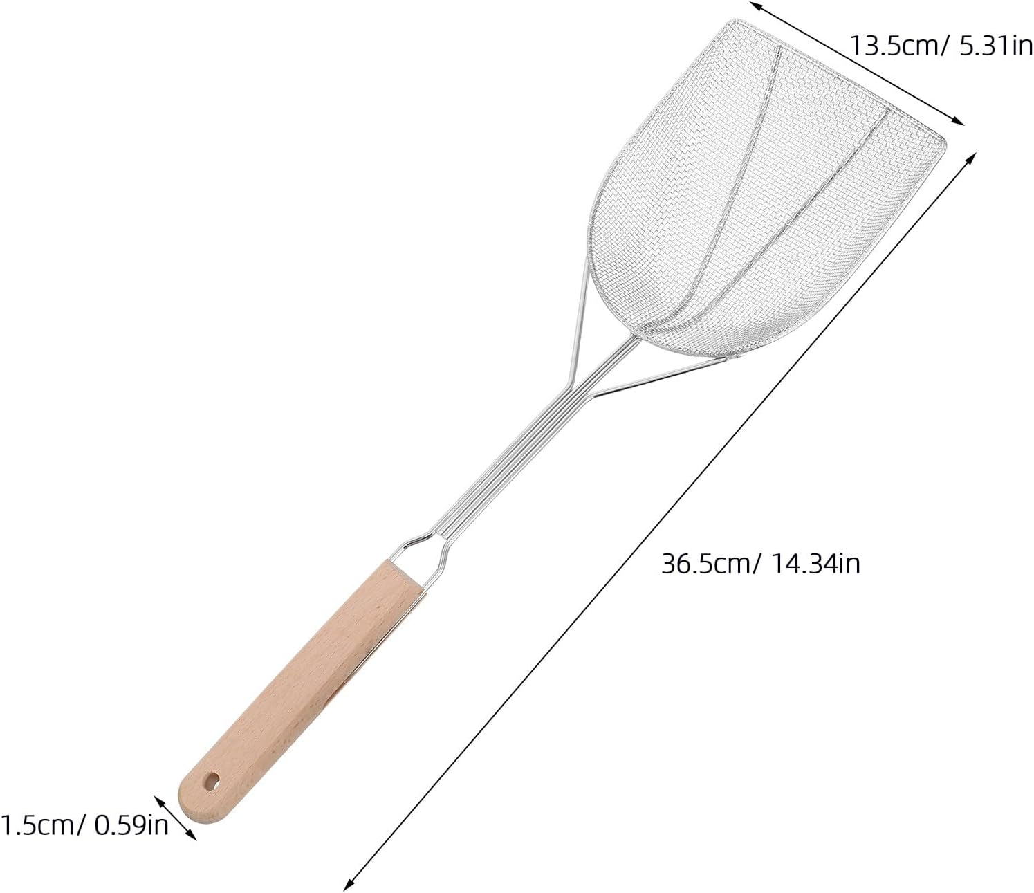 Stainless Steel Oil Filter Skimmer Spoon with Wooden Handle, 2mm Mesh Strainer for Frying and Draining, Kitchen Fat Skimmer Scoop for Cooking and Hot Pot Use
