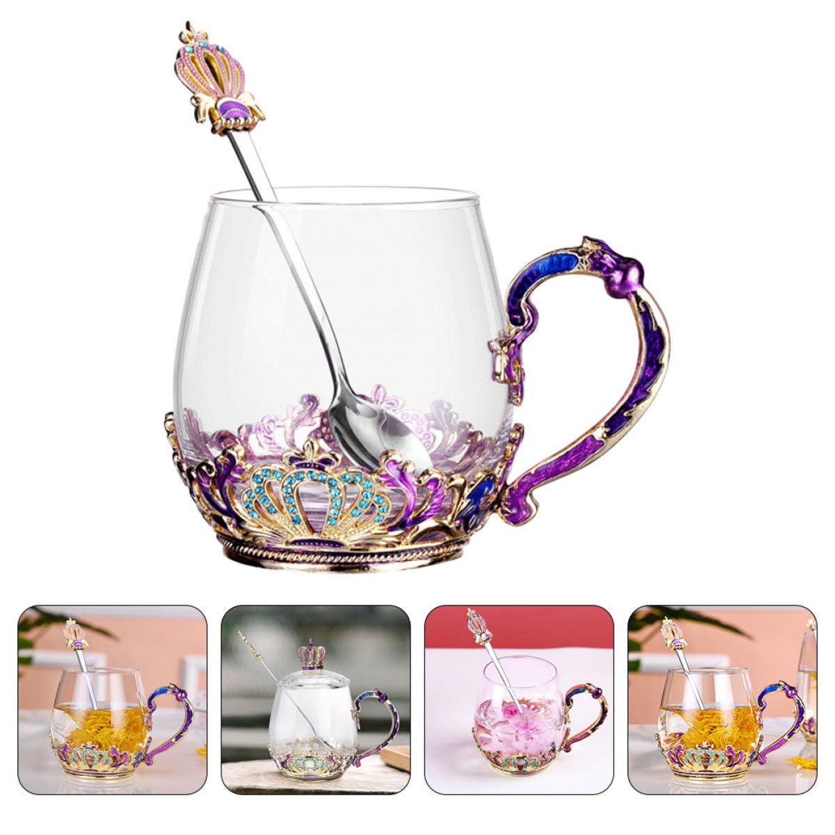 jojofuny Taza de Vidrio con Diseño Ergonómico y Resistente al Frío y Calor, Copa para Beber con Cuchara Incluida, Estilo Único Adecuado para Té y Jugos Color Aleatorio