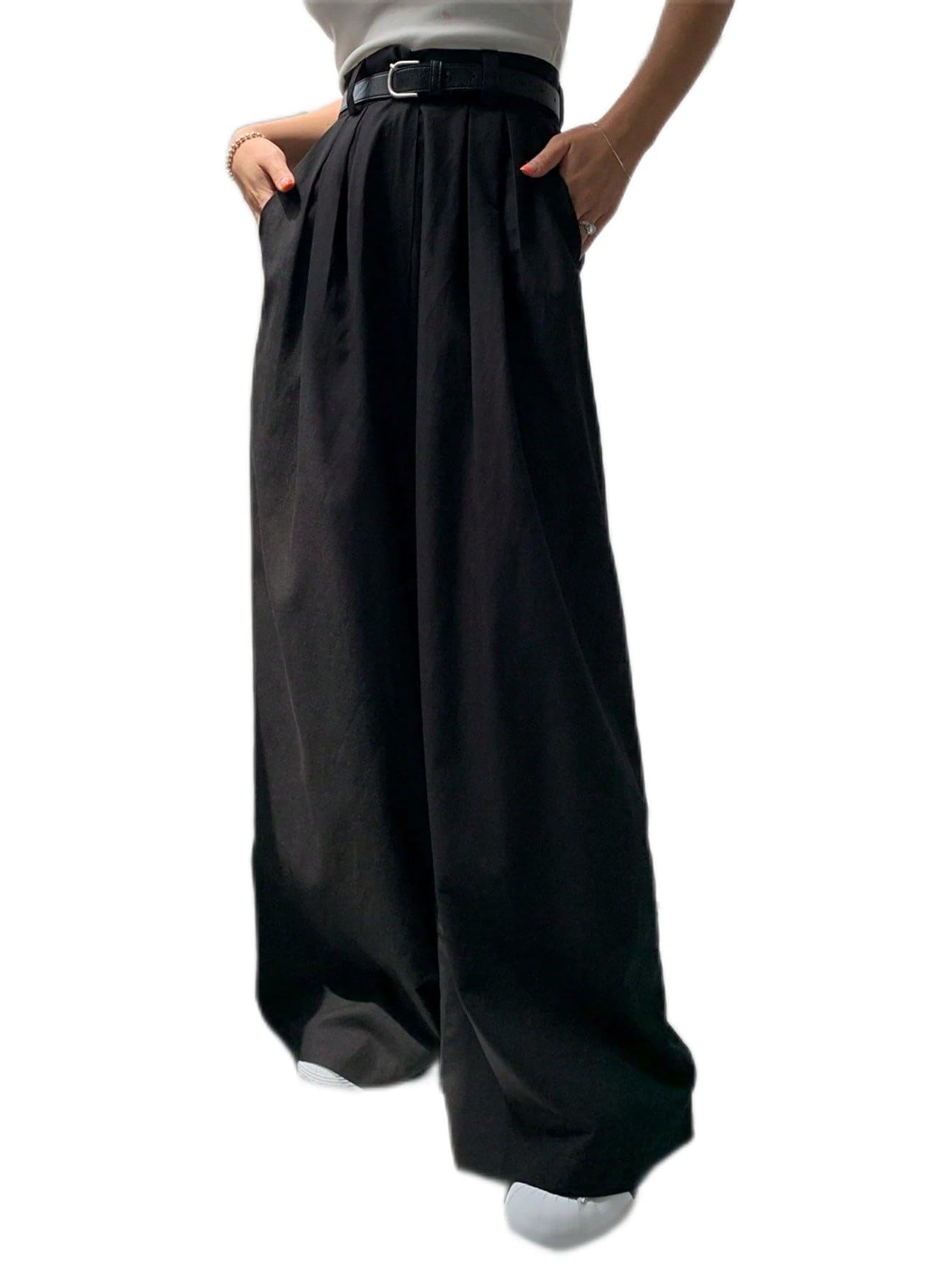 XIBANY Womens Pants High Waist Slant Pocket Wide Leg Pants - Casual Plain Zipper Fly Ultra High Waist