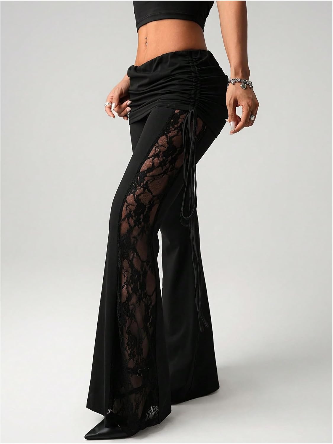 WDIRARA Women's Side Drawstring Ruched Floral Lace Sheer Flare Pants Stretchy Sexy Low Rise Bell Bottoms