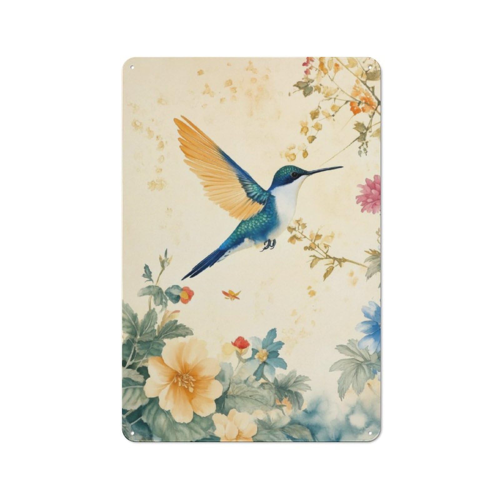 Junmoney Hummingbird In Bloom Watercolor Loft Style Metal Wall Sign 30X20cm Featuring Studio Wall Art For Loft, Studio, Office Or Creative Room