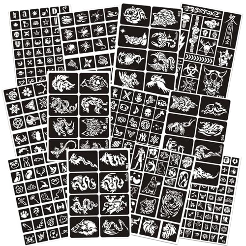 302+ Tattoo Schablone Kit, Henna Schablonen Wiederverwendbare Temporäre Tattoo Schablonen für Erwachsene, Kinder Face Paint Body Art Glitter Tattoo Schablonen