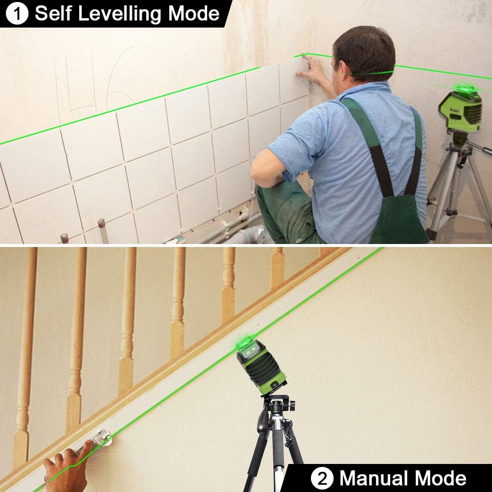 Image showing the Huepar laser level in self-leveling mode, projecting a level line on a wall for tile installation