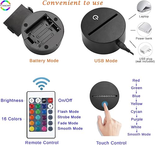 Miniatura 4 de Luz nocturna con ilusión 3D de cuatro ruedas, 16 colores que cambian de color, táctil inteligente y control remoto, lámpara LED de mesita de noche,