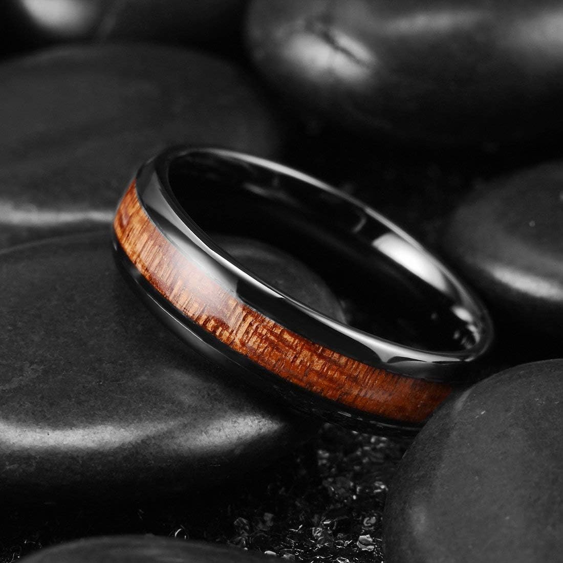 King Will Ceramic Wedding Band for Men Women-3-8 mm Width Black, Rose Gold Wedding Ring Domed Style with Brown/Green Koa Wood Inlay Comfort Fit Size 7-14