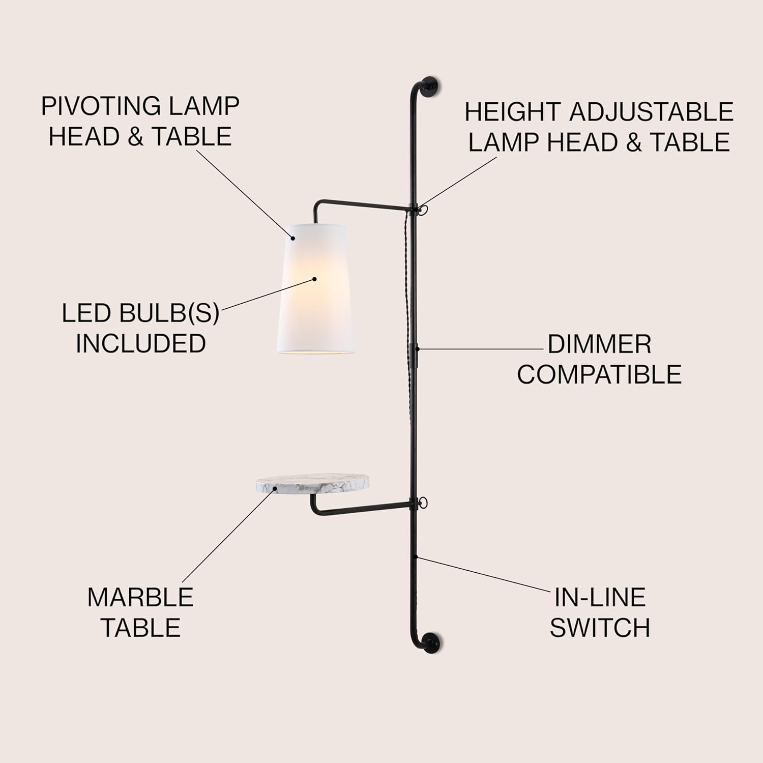 JONATHAN Y 65" Black 1-Light Iron Plug-in Sconce with Adjustable White Marble Table, Contemporary Industrial Wall Lamp with White Linen Shade, LED Bulb Included JYL1304A