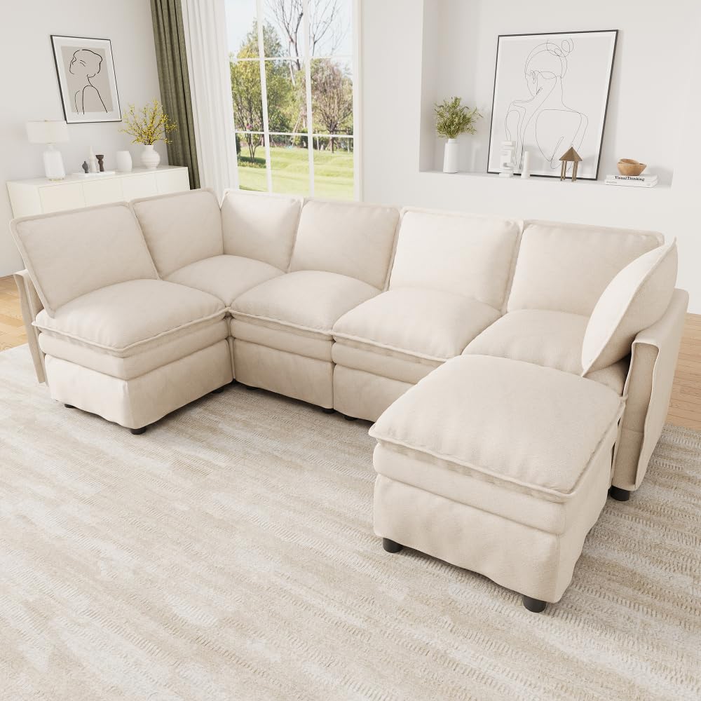 Sofá esquinero convertible, sofá convertible de 4 plazas, sofá cama con función de descanso, se puede combinar libremente en forma, con reposapiés móvil, doble acolchado de asiento,chenilla,(Beige)