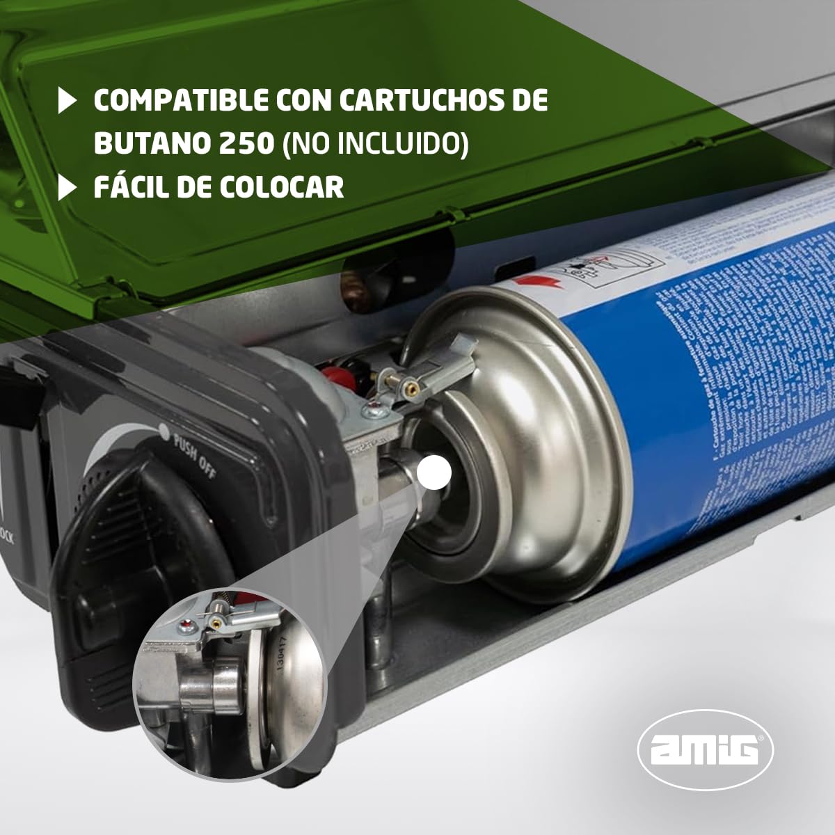 Amig - Camping Gas portátil 2 fuegos CAMP02 - Cocina doble - 2x Quemadores - Incluye Plancha - Parrilla De Fundición - Acero Inoxidable - 2,2 Kw Potencia x 2 - Compatible Cartuchos B-250