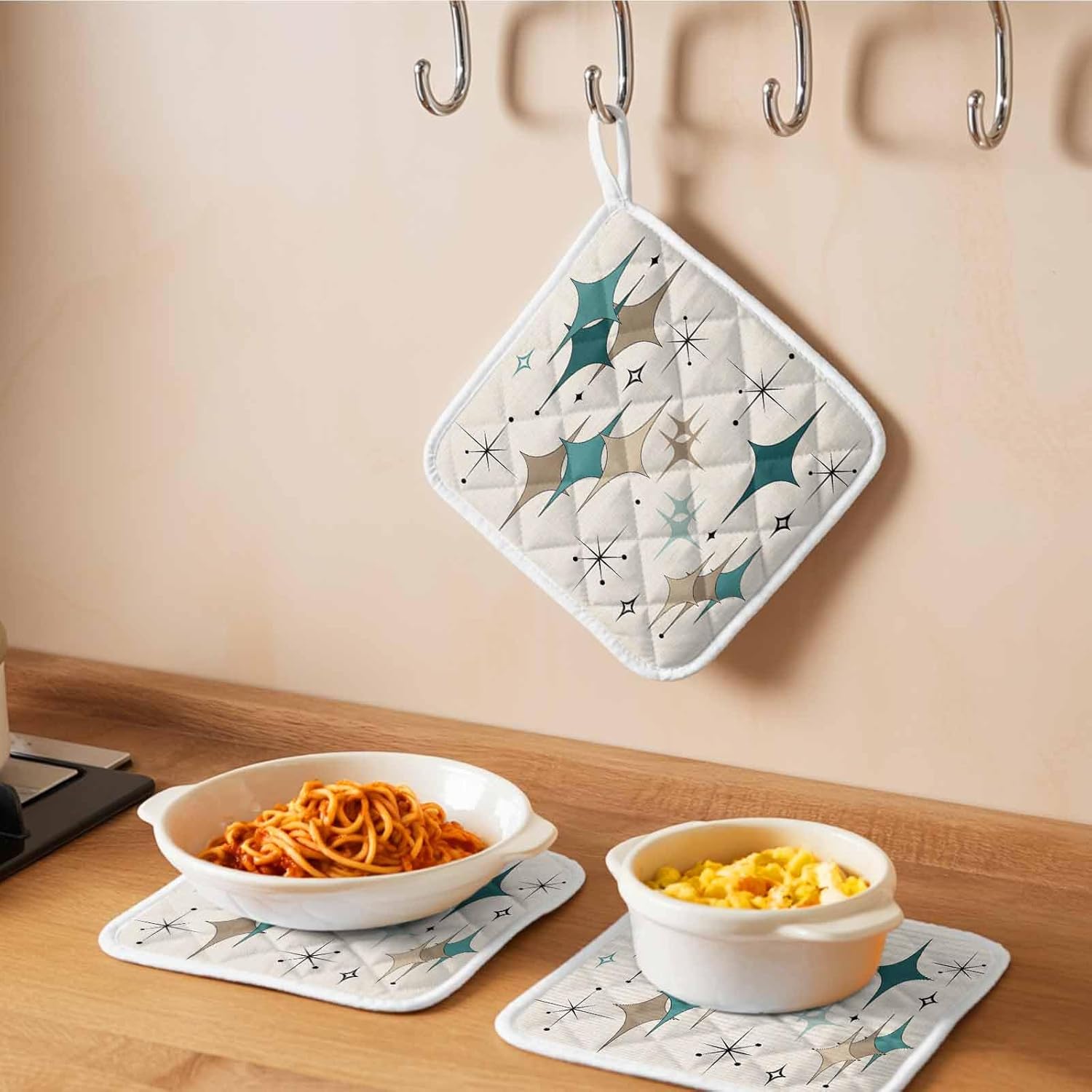 Green Beige Diamond Pot Holders for Kitchen Heatproof Potholder, 5 Pack Modern Geometric Middle Century Hot Pads Multipurpose Oven Pads Cloth Potholders Trivet for Cooking Baking