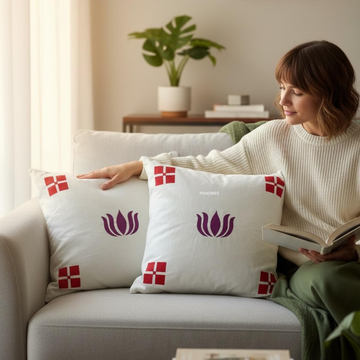 PShomes 4PCs Cushion Pillow Cover 16 inch x 16 inch Cotton Hand Block Lotus Flower Printed Sofa Decorative Stitched Throw Pillow Covers for Living Bed Room Living Room (Set of 4) 2