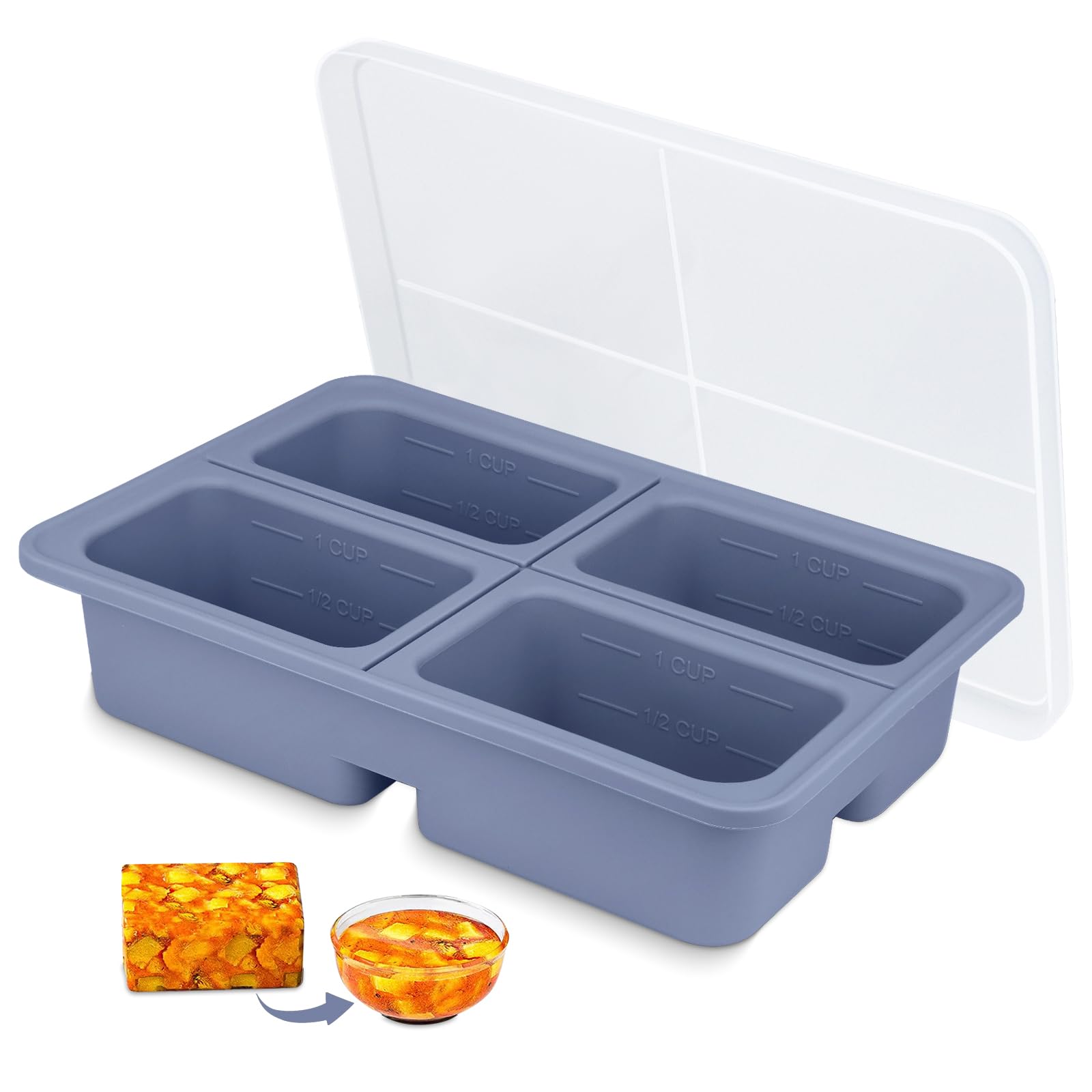 Beijie Grey 1 Cup Soup Container, Extra Large Silicone Food Storage Trays For Freezing, Soup Freezer Containers With Lid And 4 Compartments, Bpa Free Microwavable Ice Cube Moulds For Prep Meal, Sauce, Ice Cream