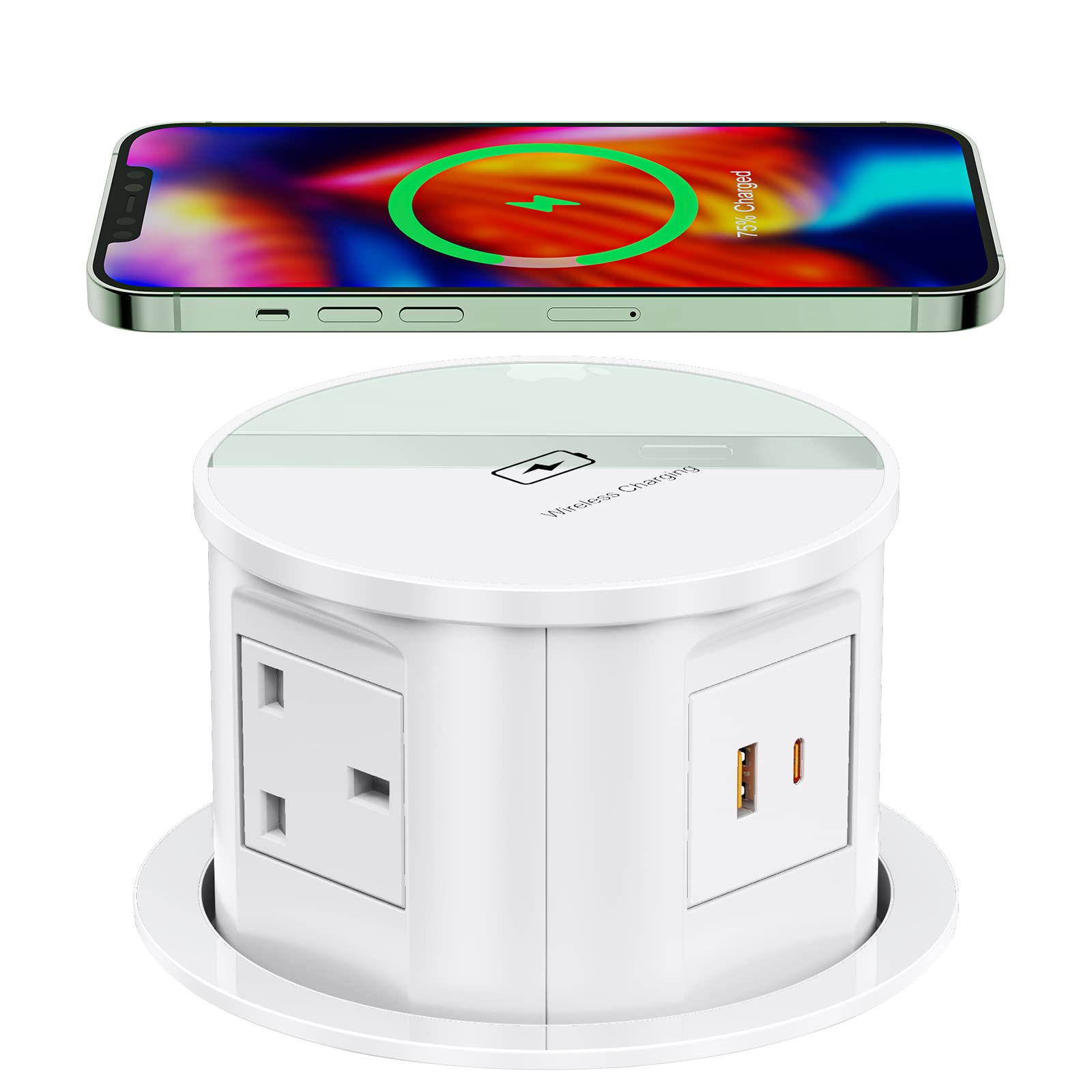 Pop up Socket for Kitchen Worktops with Wireless Charger, Kitchen Hidden Sockets with USB, Desk Power Socket for Office Home, 2.2M Power Cord -White