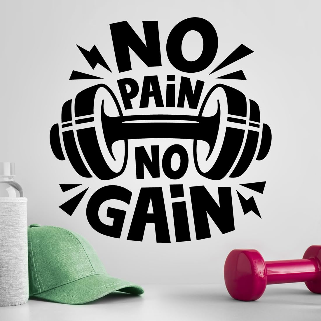 Wall4stickers Black No Pain No Gain Wall Vinyl Sticker – Motivational Gym Quote Decal With Dumbbell Design For Home Or Fitness Studio, Bold Style