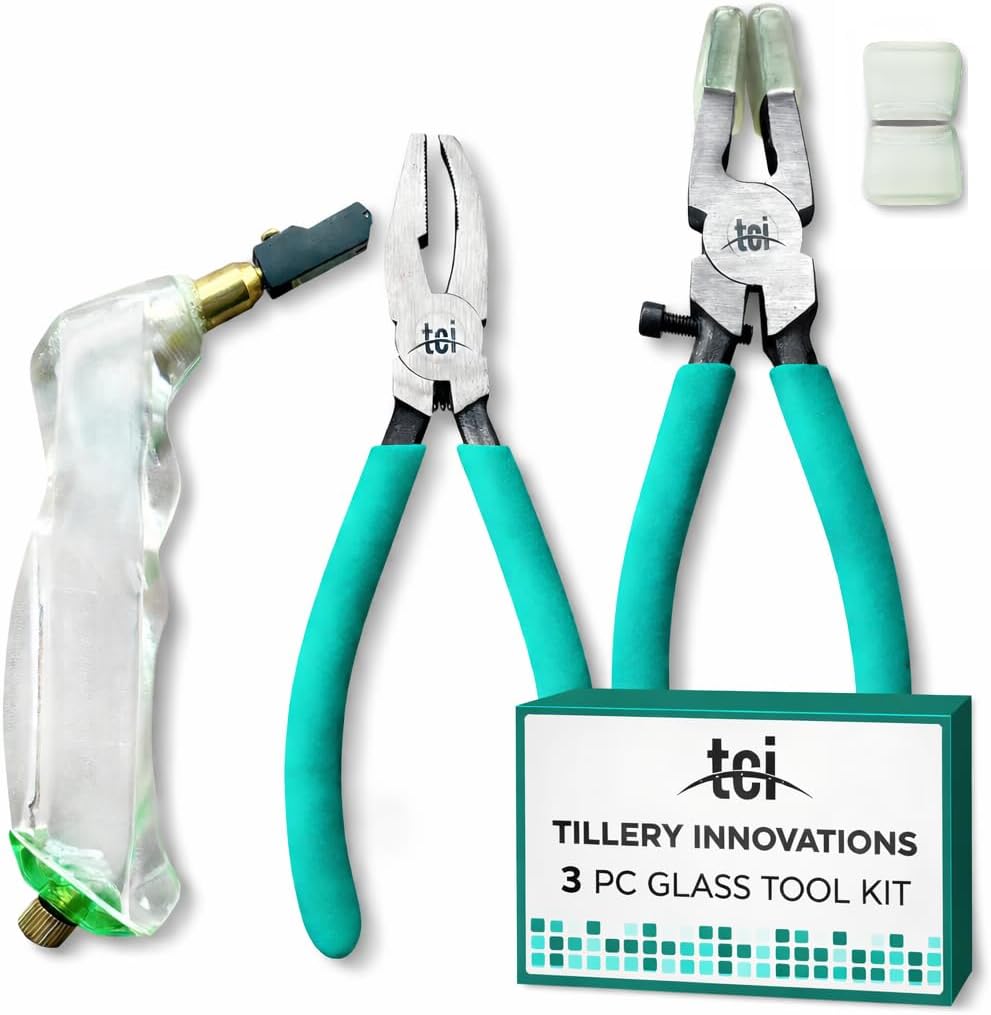 Professional Three Piece Stained Glass Tool Kit with Running Pliers, Breaking and Grozer Pliers and Pistol Grip Cutter with Carbide Cutting Head Perfect for Stained Glass and Mosaics