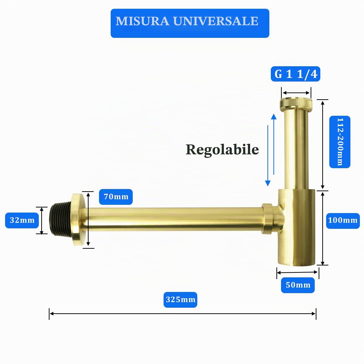 Sifone di design [Tubo di immersione extra lungo da 200 mm], 1 1/4 x 32 mm Spessore regolabile dei tubi, Sifone universale in ottone per lavabo e lavandino, blocco odori (Oro spazzolato)