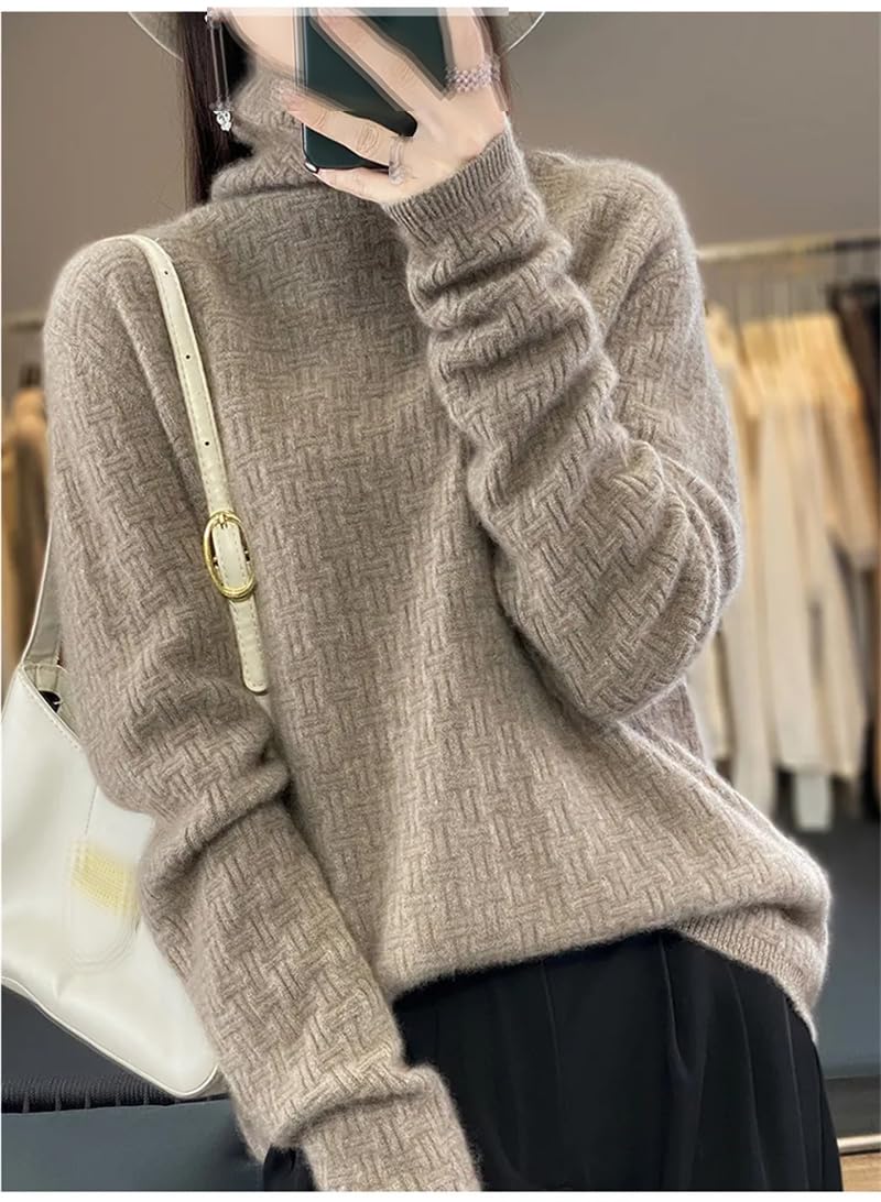Dninmim Maglione da donna in lana a collo alto, autunno e inverno, maglia allentata