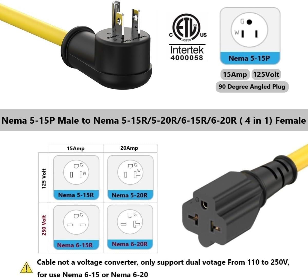 3FT 12AWG Heavy Duty Right-Angle Extension Cord 90 Degree 15-amp to 20-amp, 15Amp Household Plug to 20Amp T-Blade Adapter, Nema 5-15P to 5-20R, 6-15R/20R, 125V 15A to 20A 250V Angled AC Power Cable
