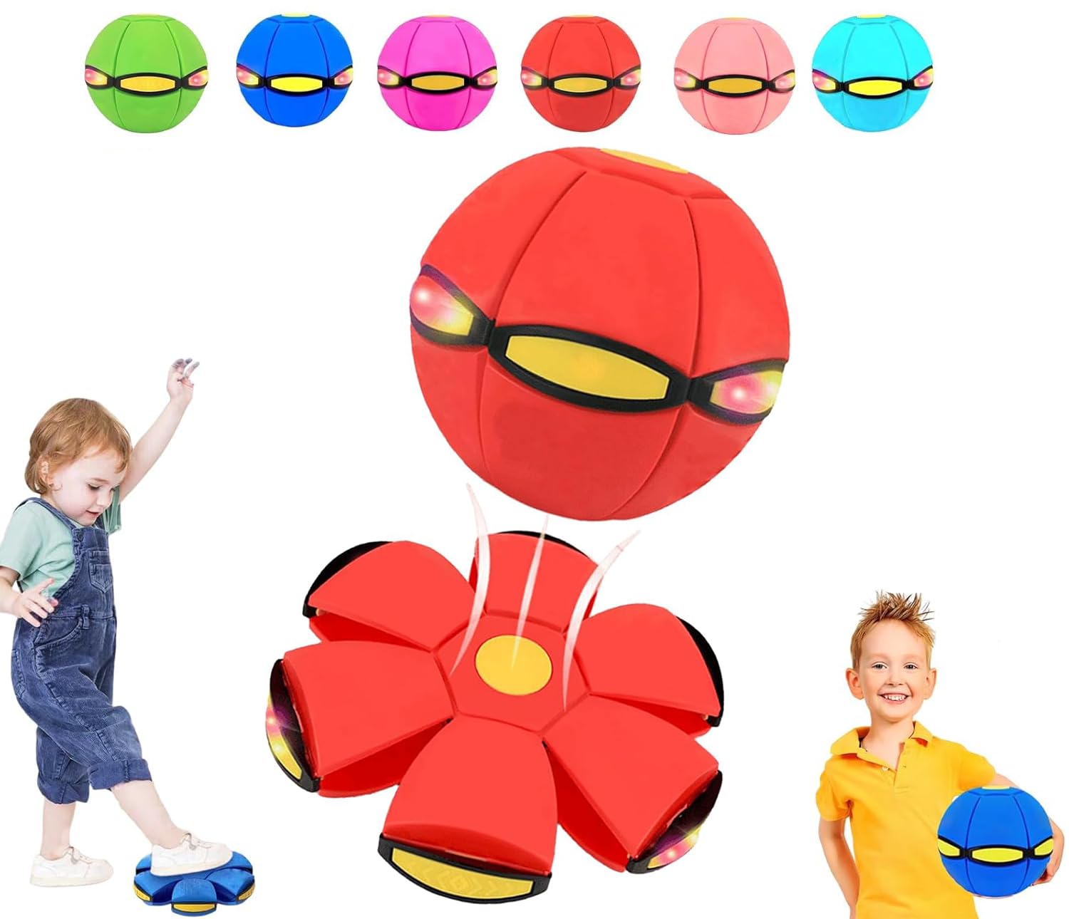 Magic Ball, Children's Bouncing Ball Magic Ball, Magic Flying Saucer, Parent-Child Interaction with 6 Light, Dual Form Freely Switchable, Suitable for Indoor & Outdoor Use (Red)