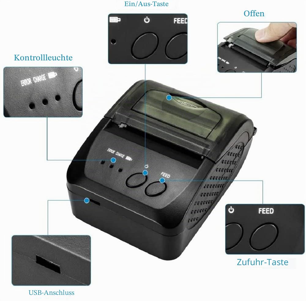 NETUM Kabelloser Bluetooth-Belegungs-Thermodrucker (DE), Tragbarer Persönlicher Rechnungsdrucker, 58 mm, Mini-USB-POS-Drucker für Restaurants, Kompatibel mit Android/PC/Windows/Linux