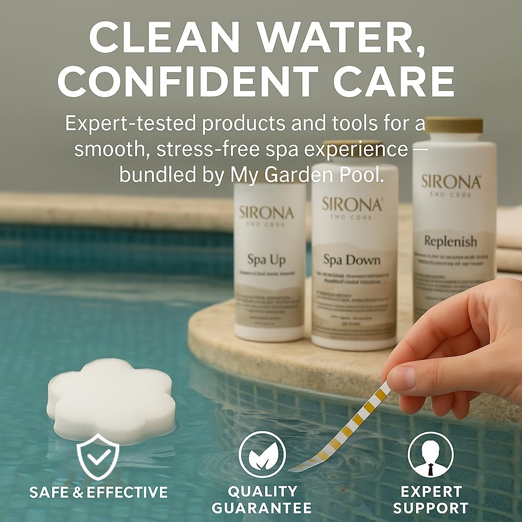 Sirona Chlorine Cold Plunge Kit – Spa Up, Spa Down, Replenish (Balancers & Oxidizer) – with My Garden Pool Scum Sponge & 7-in-1 Pool & Spa Test Strips (20 ct) – Water Balance for Cold Plunge Tubs