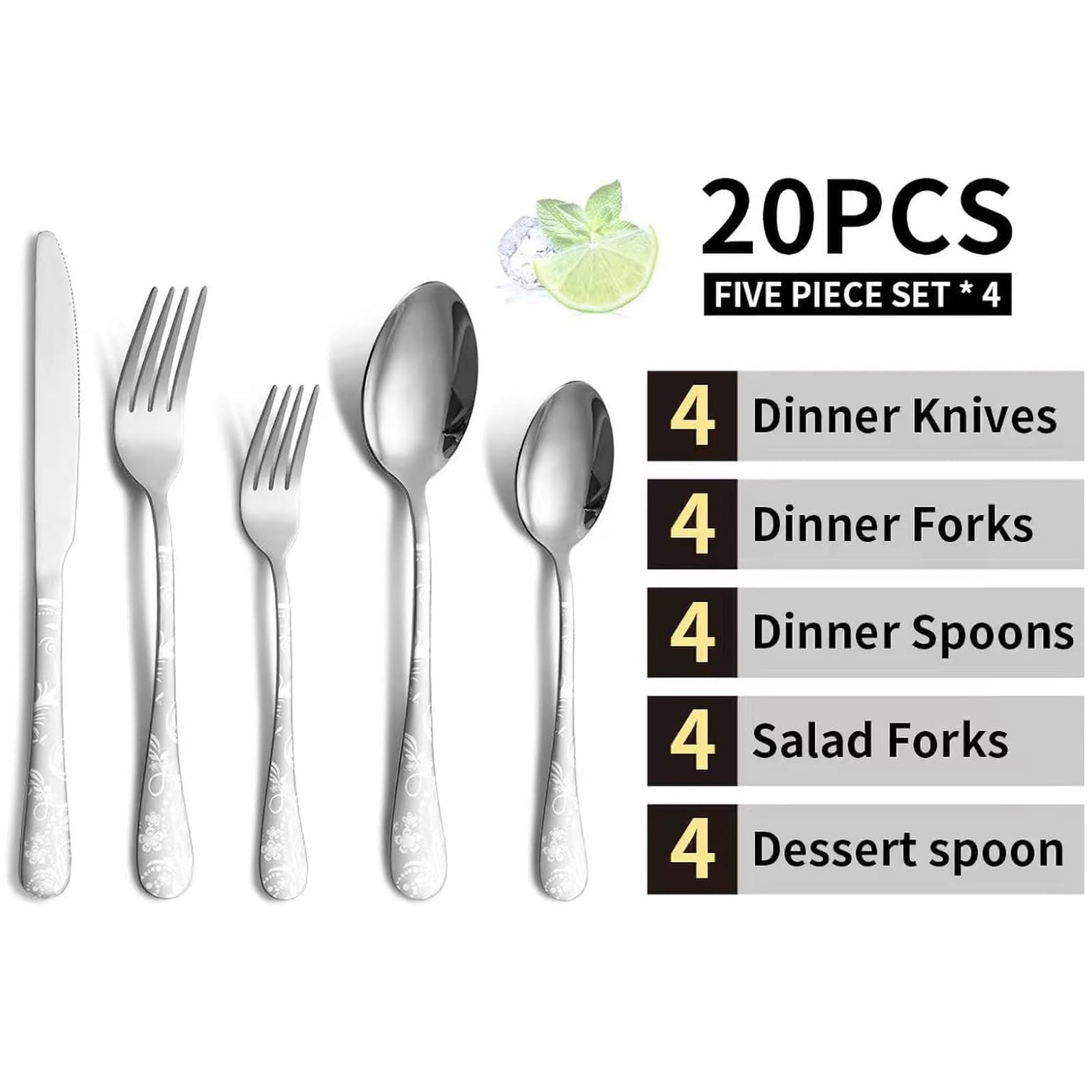 Set di posate in acciaio inox per 4 persone, con coltello, forchetta, cucchiaio, posate lucidate a specchio, lavabili in lavastoviglie, set da 20 pezzi (Argentato)