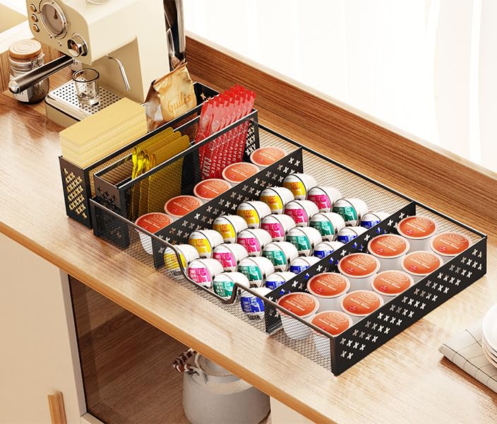 Simple Trending Coffee Pod Holder Desk Drawer Organizer Tray with 2 separate storage, Metal Mesh Dividers Drawer Desktop Accessories for Office Supplies, Makeup Kitchen, Black