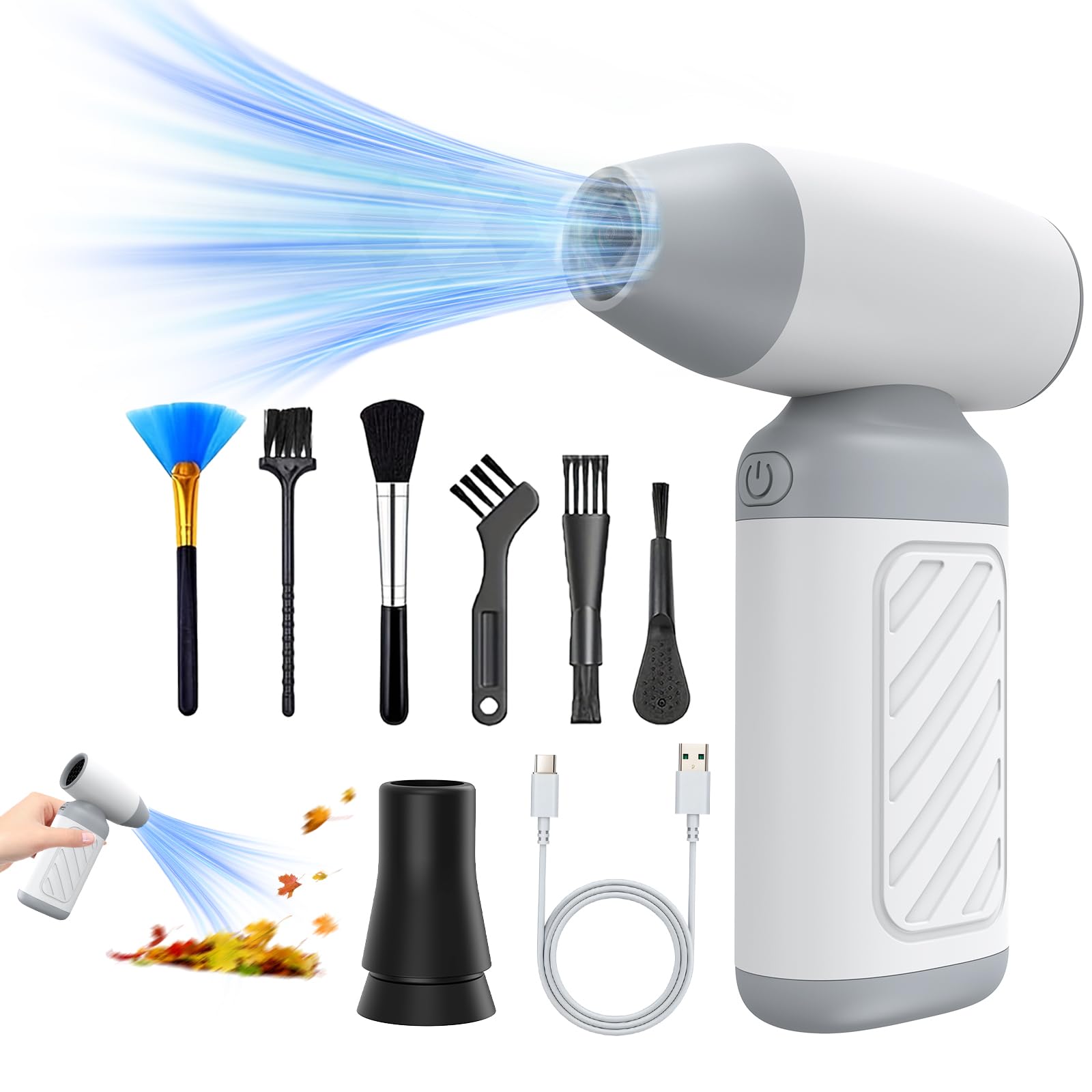 iKristinエアダスター 電動エアダスター ブロワー 洗車 超強力 180000RPM高速回転最大風速120m/s 4段階風量調整小型エアダスター 充電式 エアダスター 軽量 最強ブロワー 2種類ノズル付き PC掃除洗車/車内/PC/キーボード/家具/掃除用等 説明書付き (ホワイト)