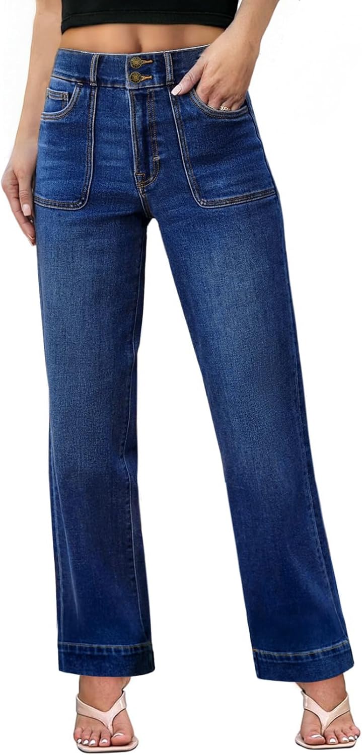 Sidefeel Women's Wide Leg Jeans High Waisted Stretchy Tummy Control Straight Leg Denim Pants