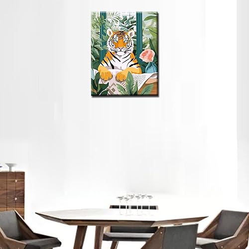 Miniatura 4 de Pintura por números para adultos, baño, animales, bricolaje, pintura al óleo digital, pintura acrílica, tigre en inodoro, arte de pared, hojas