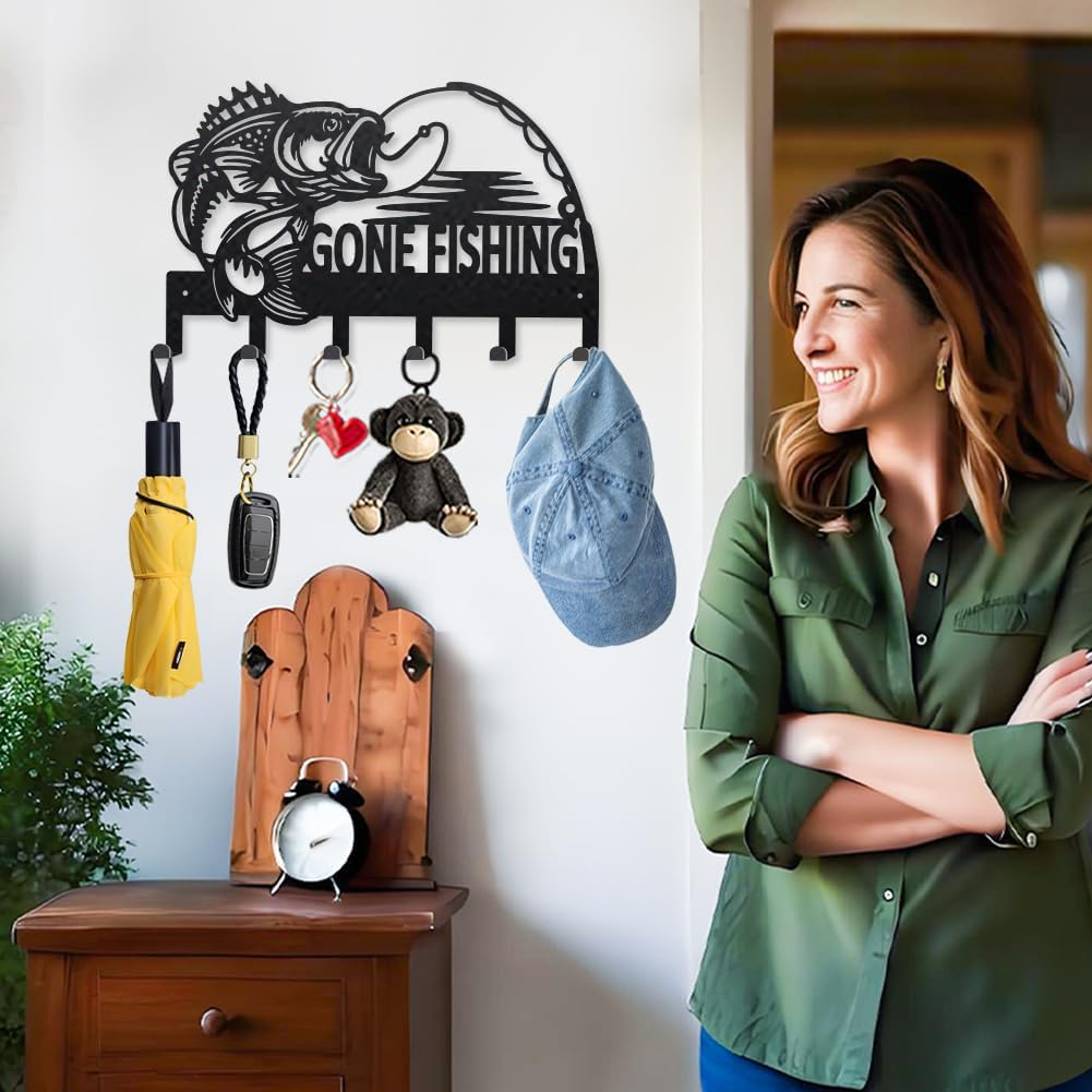 MAYJOYDIY Gone Fishing Metal Key Holder for Wall 9.8×15.7 Inch Fishhook Key Hook Hangers Sea Fishing Rod Key Rack with 6 Hooks for Kitchen Entryway Hallway Garden Doorway Porch