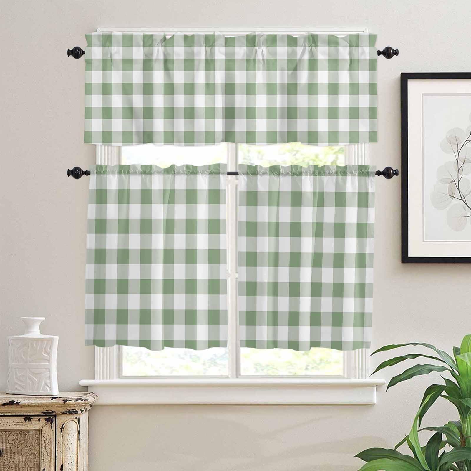 Sage Green Checkered Kitchen Curtains 24 Inch Length, 3 Piece Rod Pocket Small Half Tiers and Valance Set, Farmhouse Buffalo Plaid Small Large Window Treatment Decor for Bedroom/Bathroom Sink