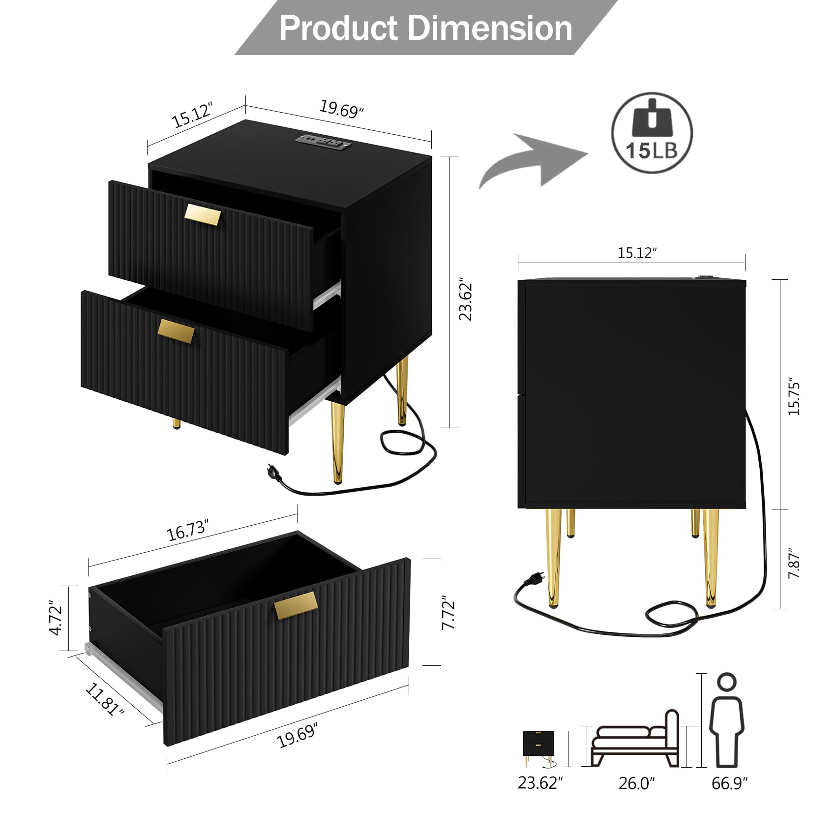 AEPOALUA Nightstand with Drawers, Large Fluted Night Stand, End Table for Living Room, Mid Century Modern Bedside Table for Bedroom (22-Black Stripe with Outlet, 2 Drawers)