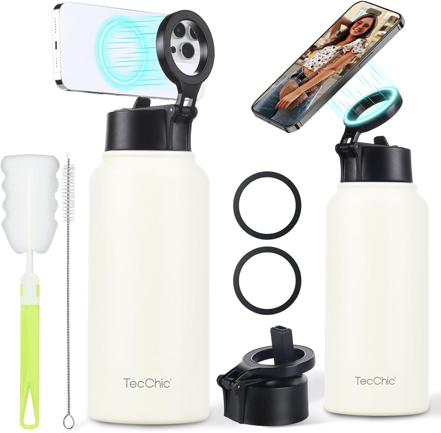 Insulated Water Bottle with Magnetic Phone Holder Compatible with MagSafe and iPhone,Double-Sided Magnet,Hot 12H Cold 24H,Stainless Steel Water Bottle Phone Mount for Sports Travel,32oz (Ivory)