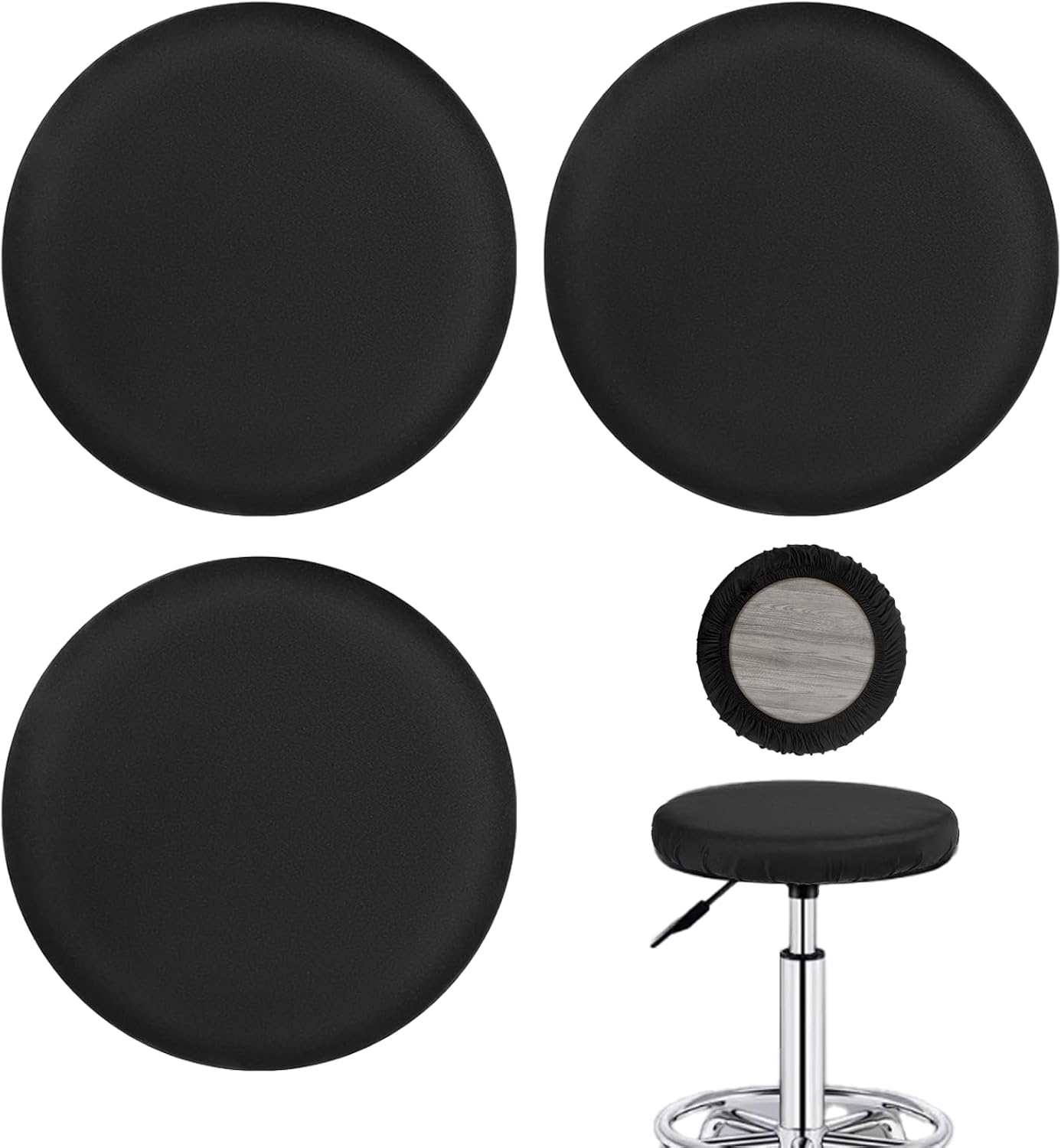 3 Pcs Round Bar Stool Covers, Elastic Seat Protector, 11-15 Inch Diameter, Black
