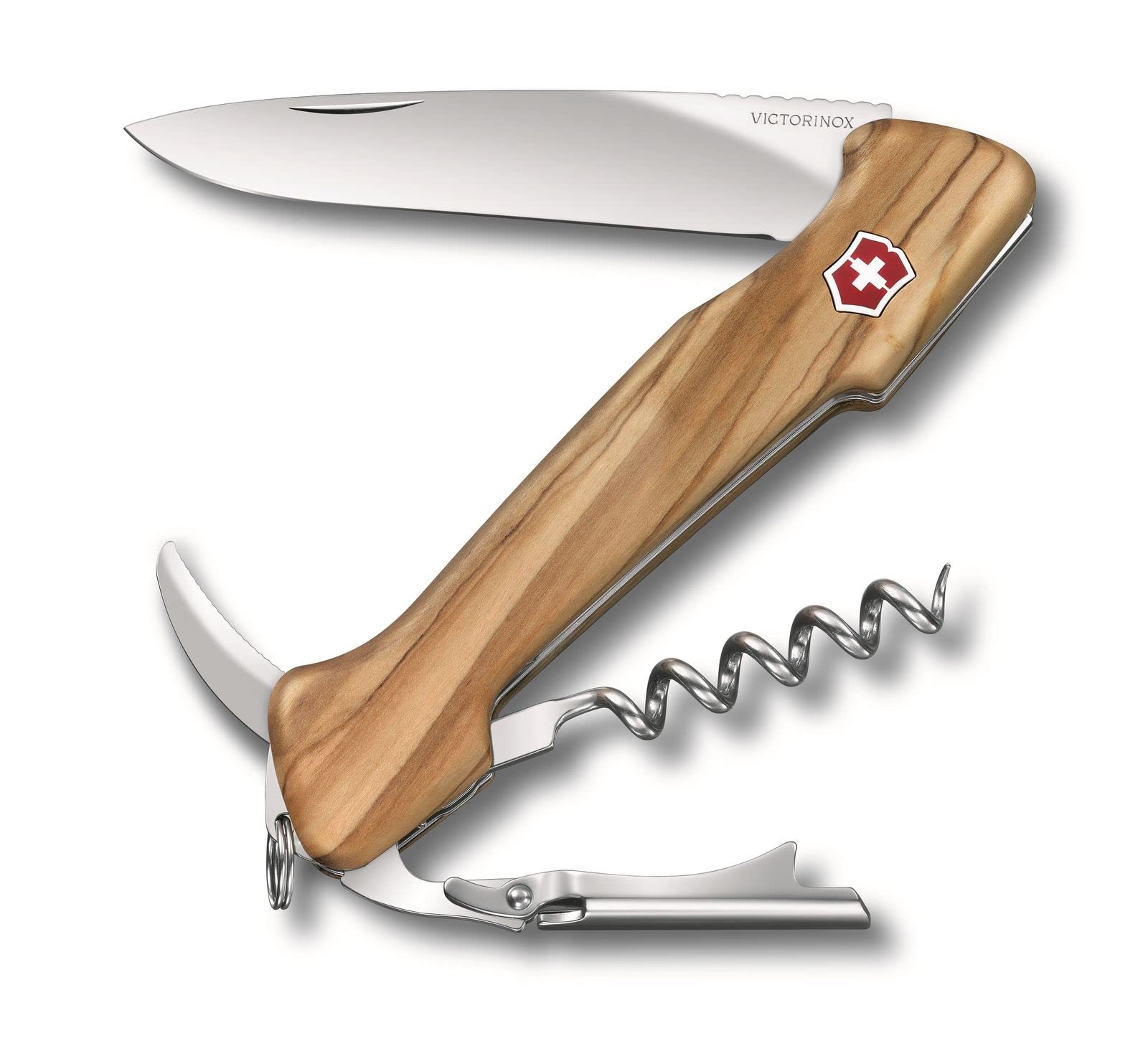 Victorinox Wine Master, Navaja suiza con mango de madera de olivo, funda de cuero y 6 funciones, incluyendo sacacorchos