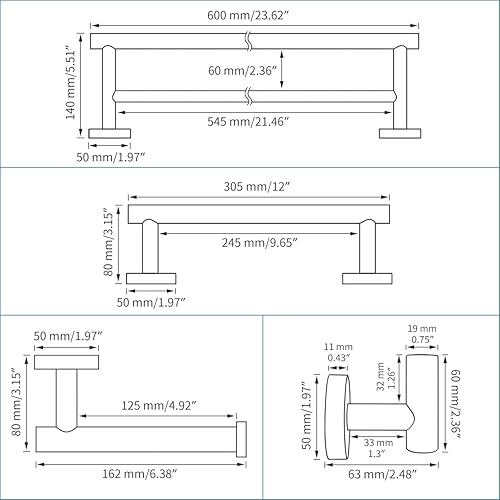 Miniatura 2 de Miyili BS01B4 - Juego de accesorios de baño de 4 piezas, color negro mate, montaje en pared de acero inoxidable, incluye toallero doble, toallero de