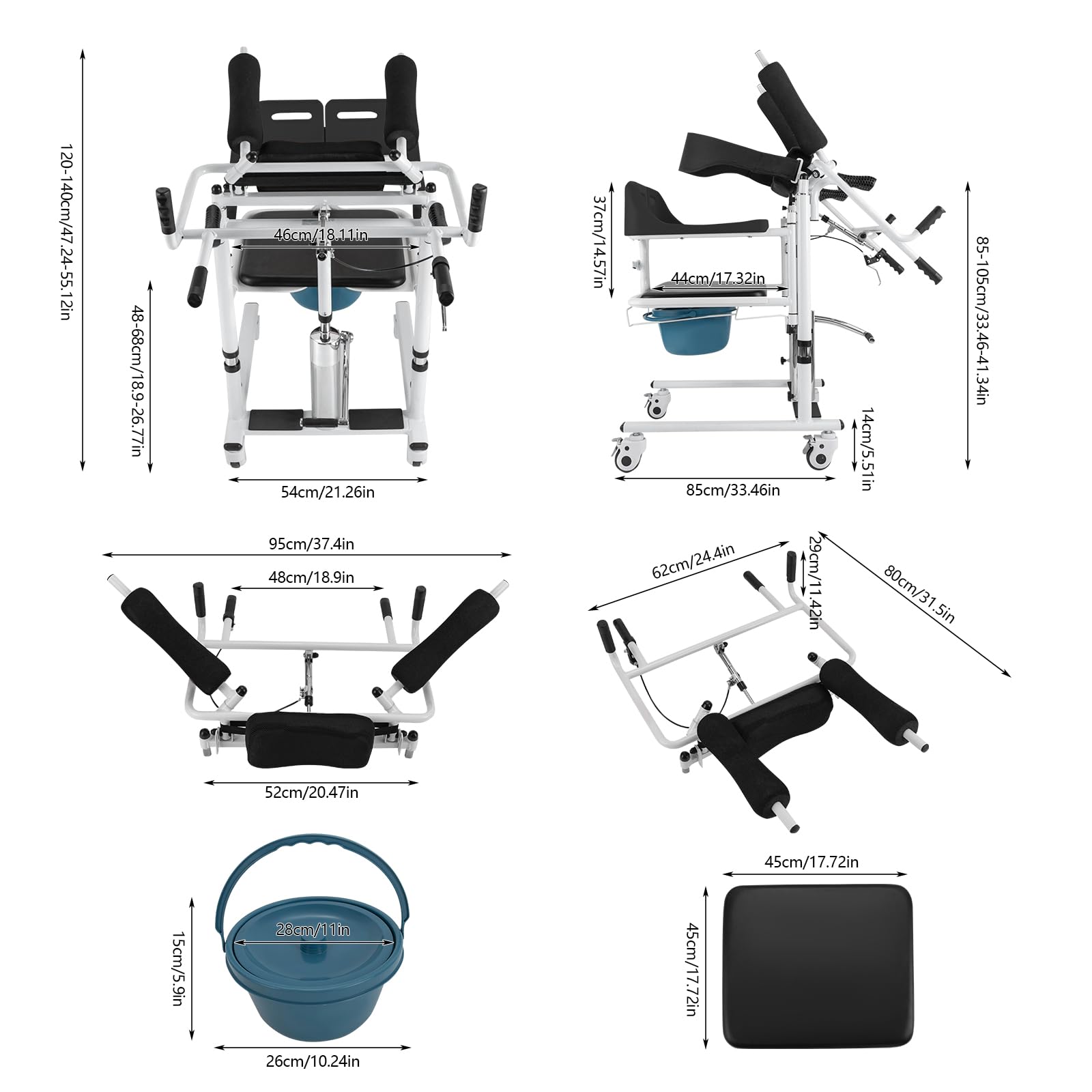 Hydraulischer Patientenlifter Multifunktionale Transferhilfe mit Toiletteneimer Hebestuhl 150kg Tragfähigkeit Hubhilfe mit 4 Bremsrollen Sitzhöhe 48-68cm Pflegelift für Senioren Schwarz 54x85cm